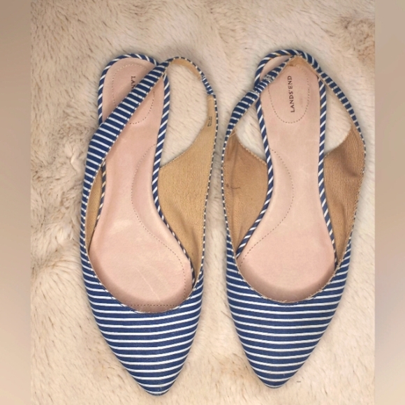 Lands End Nautical Preppy Striped White and Blue Coastal Comfy Slingback Flats - Picture 1 of 6
